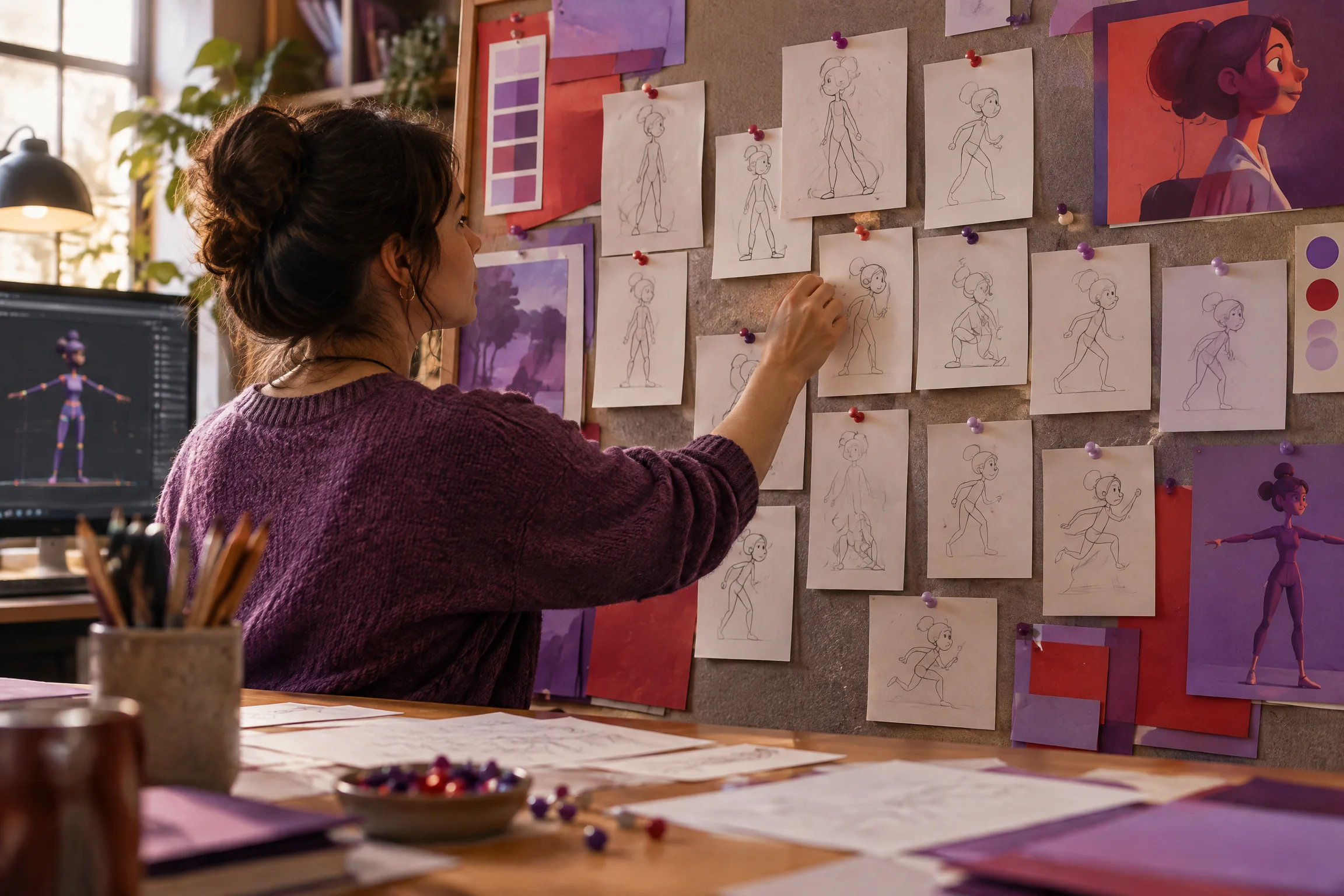 Animator at a pose pinboard